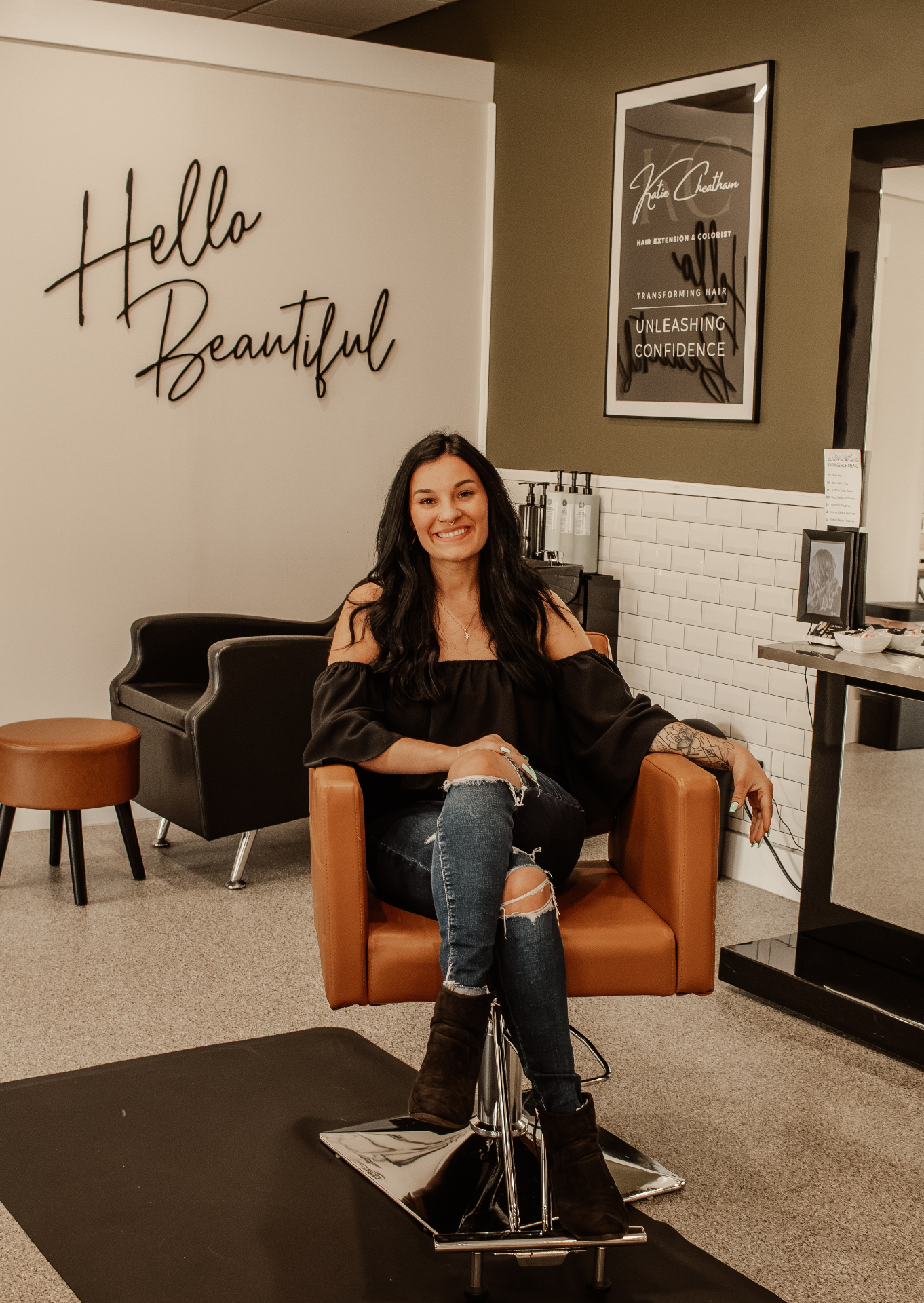 Katie Cheatham in her Louisville salon β luxury hair extension and color specialist