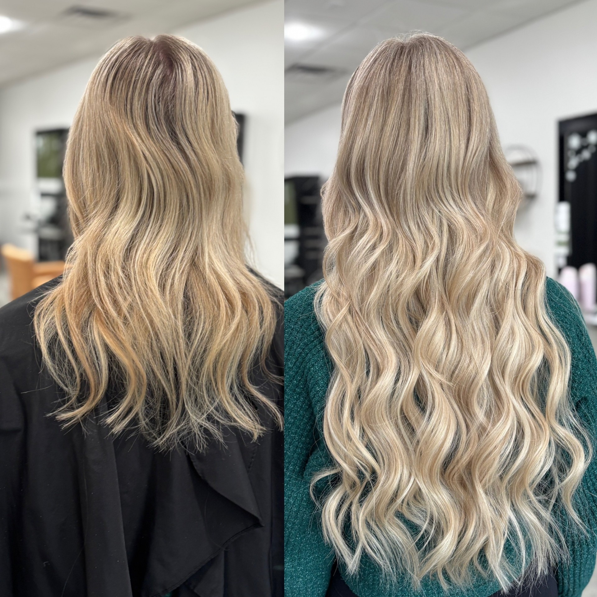 Hand-tied weft hair extension installation with long dimensional blonde waves at a Louisville Kentucky salon